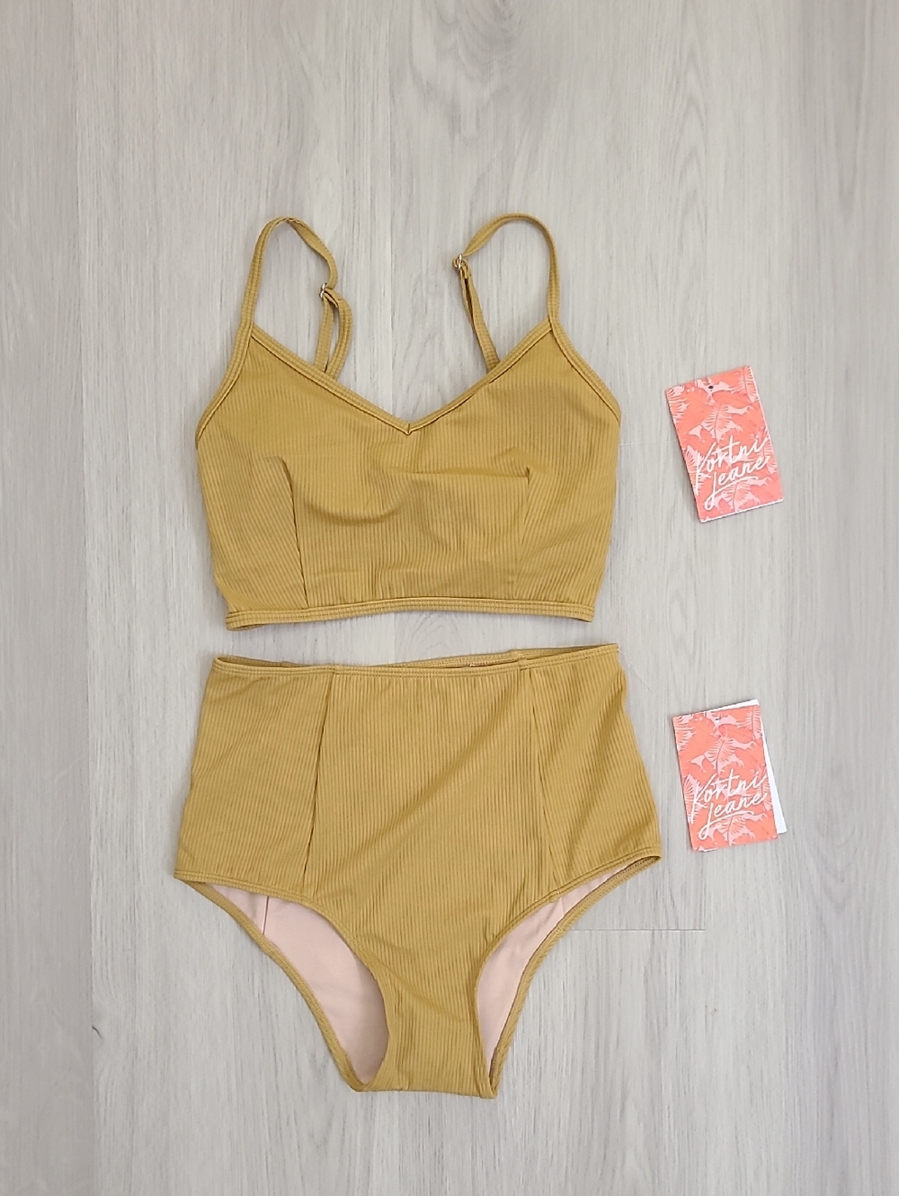 Kortni Jeane Ribbed Mustard Yellow Bikini Set XS High Rise Bottom V Neck Top